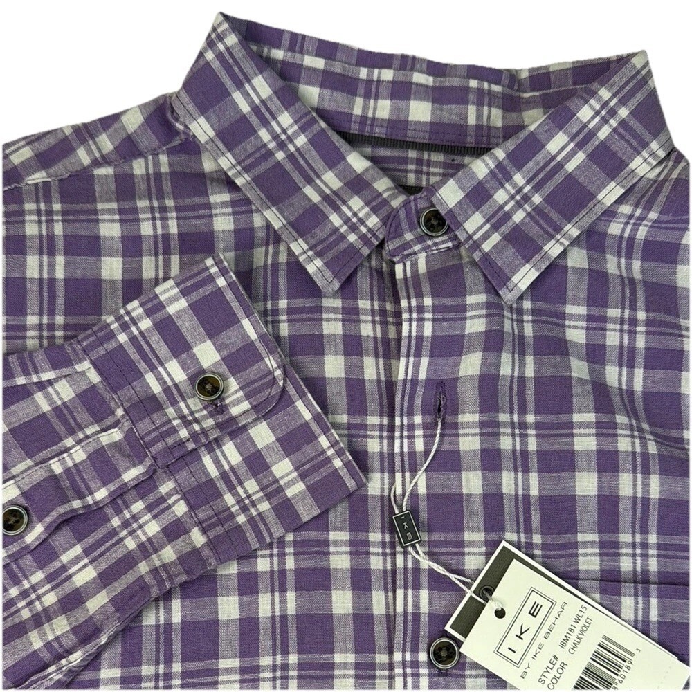 Ike Behar Mens Chalk Violet Plaid Linen‎ Cotton Button Down Shirt Size   S New